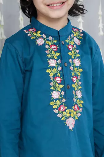Blue embroidered cotton kurta with dhoti set for boy