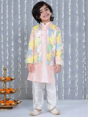 Peach foil printed silk jacket with kurta pajama set for boy 1