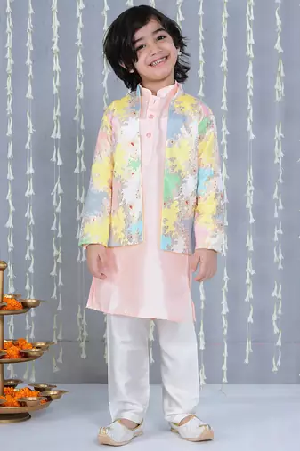 Peach foil printed silk jacket with kurta pajama set for boy