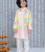 Peach foil printed silk jacket with kurta pajama set for boy