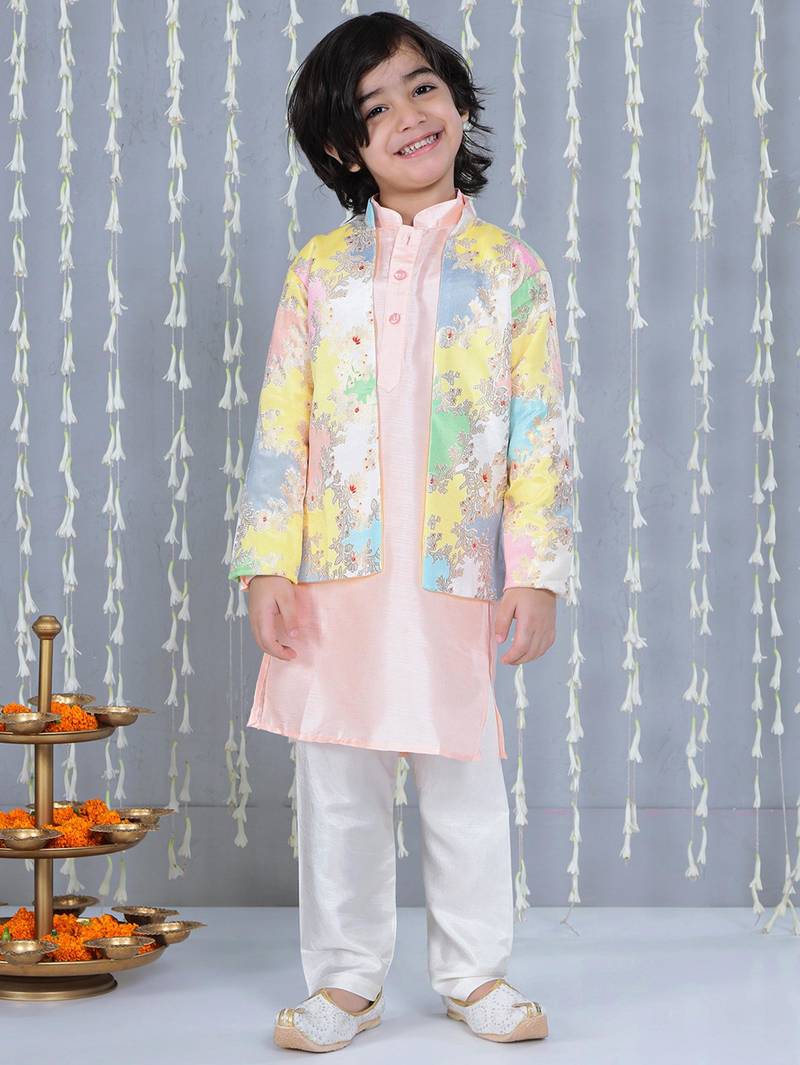 Peach foil printed silk jacket with kurta pajama set for boy