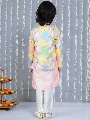 Peach foil printed silk jacket with kurta pajama set for boy 2