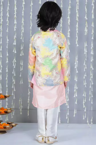 Peach foil printed silk jacket with kurta pajama set for boy