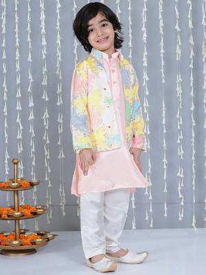 Peach foil printed silk jacket with kurta pajama set for boy 3