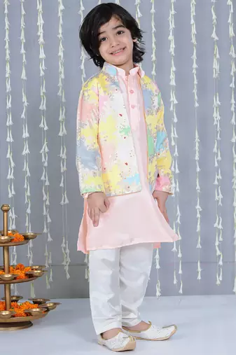 Peach foil printed silk jacket with kurta pajama set for boy