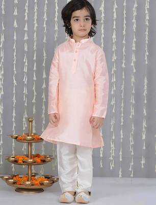 Peach foil printed silk jacket with kurta pajama set for boy 4