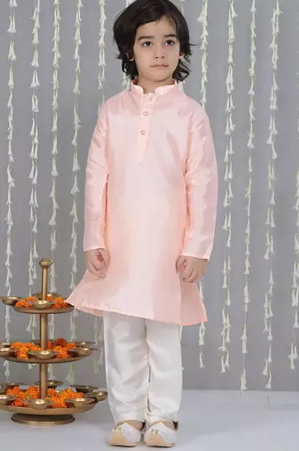 Peach foil printed silk jacket with kurta pajama set for boy