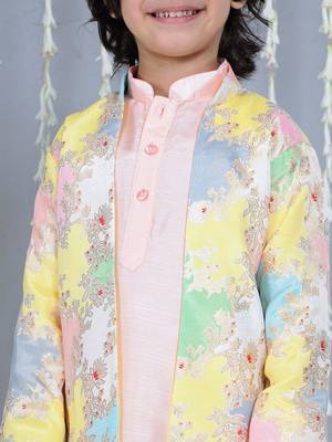 Peach foil printed silk jacket with kurta pajama set for boy 5