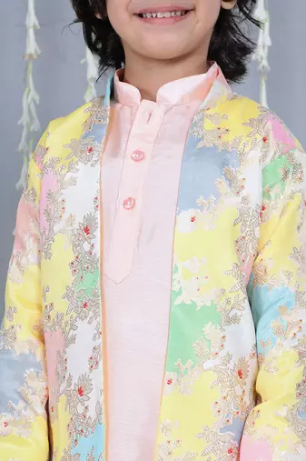 Peach foil printed silk jacket with kurta pajama set for boy