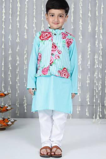Turquoise printed cotton jacket with kurta pyjama set for boy