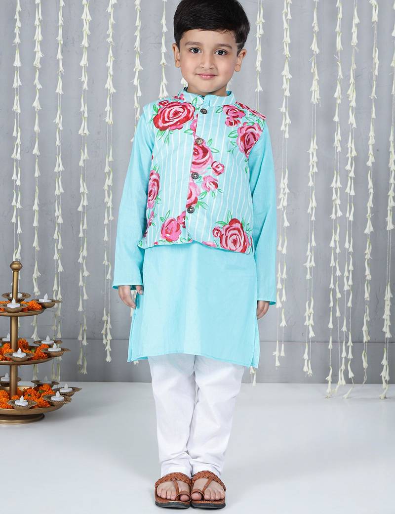 Turquoise printed cotton jacket with kurta pyjama set for boy