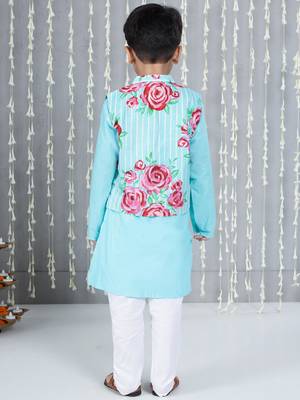 Turquoise printed cotton jacket with kurta pyjama set for boy 2