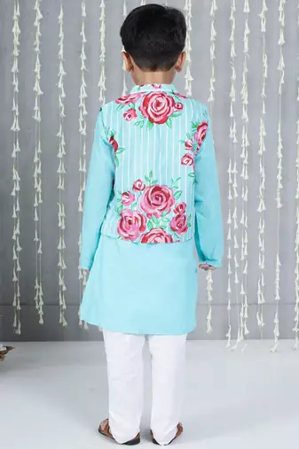 Turquoise printed cotton jacket with kurta pyjama set for boy