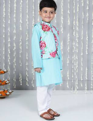 Turquoise printed cotton jacket with kurta pyjama set for boy 3