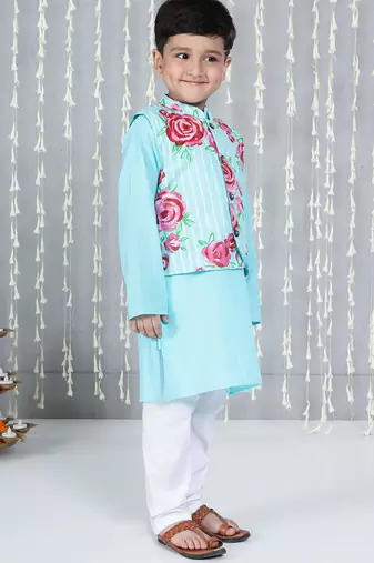 Turquoise printed cotton jacket with kurta pyjama set for boy