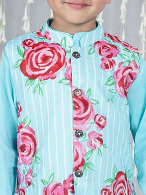 Turquoise printed cotton jacket with kurta pyjama set for boy 4
