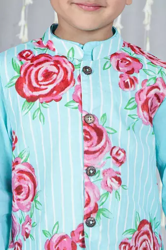Turquoise printed cotton jacket with kurta pyjama set for boy