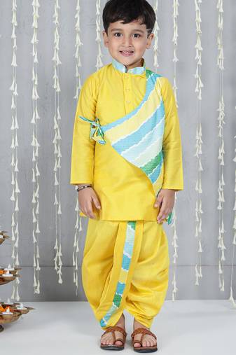 Yellow printed silk blend kurta with dhoti set for boy