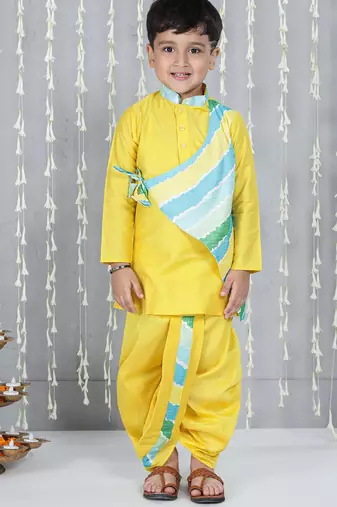 Yellow printed silk blend kurta with dhoti set for boy