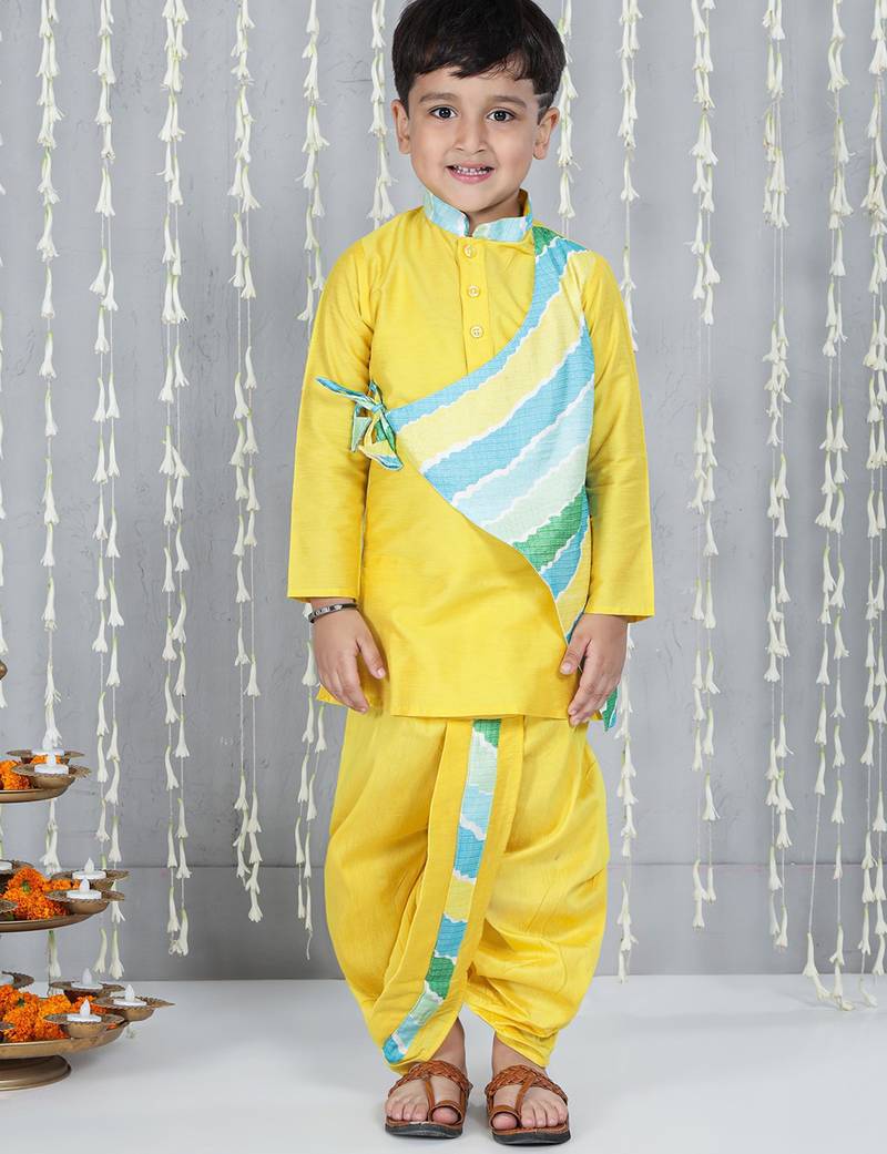 Yellow printed silk blend kurta with dhoti set for boy