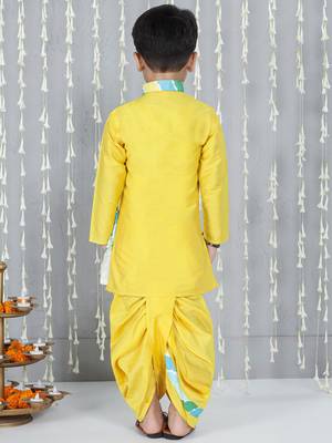 Yellow printed silk blend kurta with dhoti set for boy 2