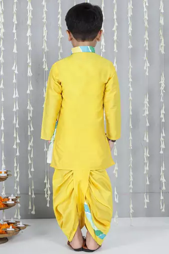 Yellow printed silk blend kurta with dhoti set for boy
