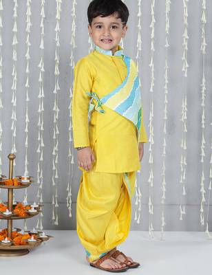 Yellow printed silk blend kurta with dhoti set for boy 3