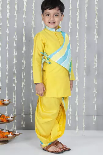 Yellow printed silk blend kurta with dhoti set for boy