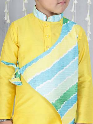 Yellow printed silk blend kurta with dhoti set for boy 4