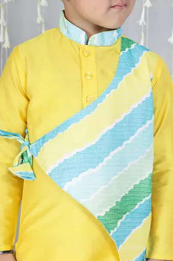 Yellow printed silk blend kurta with dhoti set for boy
