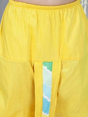 Yellow printed silk blend kurta with dhoti set for boy 5