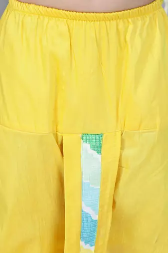 Yellow printed silk blend kurta with dhoti set for boy