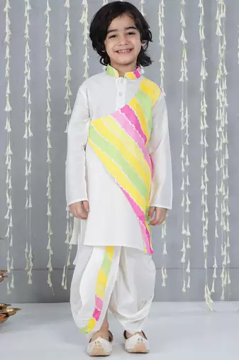 White printed silk blend kurta with dhoti set for boy
