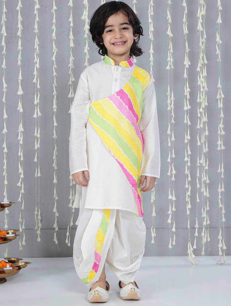 White printed silk blend kurta with dhoti set for boy