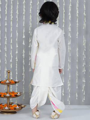 White printed silk blend kurta with dhoti set for boy 2