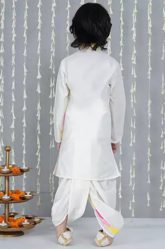 White printed silk blend kurta with dhoti set for boy