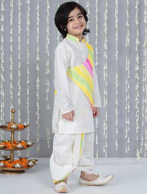 White printed silk blend kurta with dhoti set for boy 3