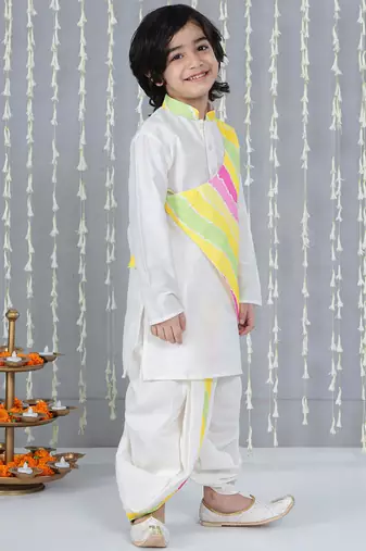 White printed silk blend kurta with dhoti set for boy