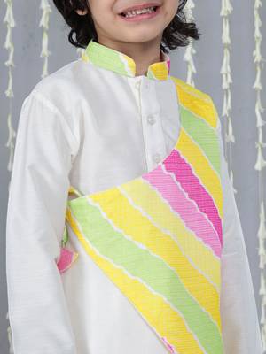 White printed silk blend kurta with dhoti set for boy 4