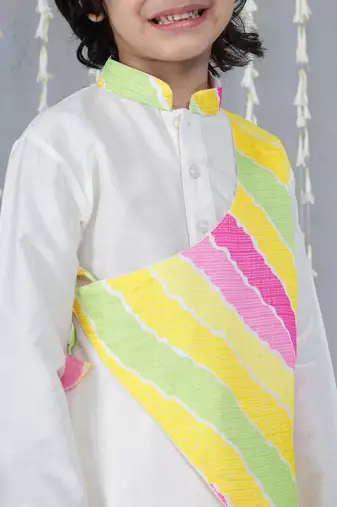White printed silk blend kurta with dhoti set for boy