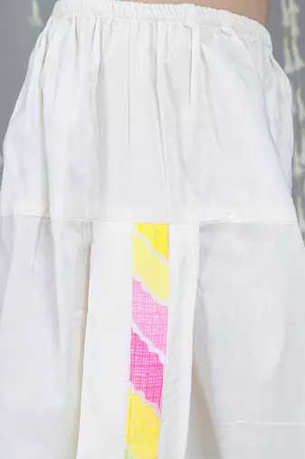 White printed silk blend kurta with dhoti set for boy