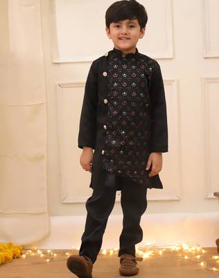 Black embroidered silk blend kurta pyjama set for boy 1