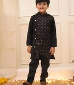 Black embroidered silk blend kurta pyjama set for boy