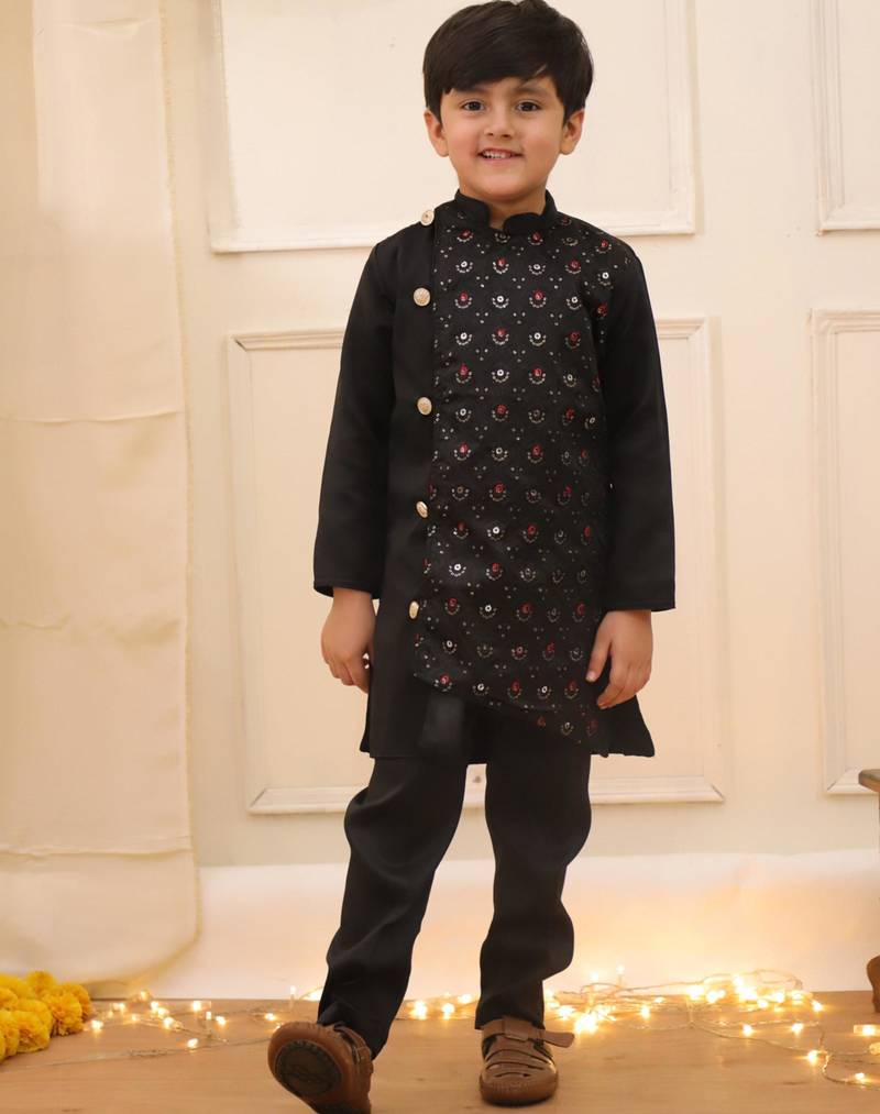Black embroidered silk blend kurta pyjama set for boy