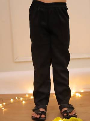 Black embroidered silk blend kurta pyjama set for boy 5