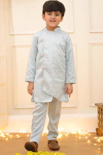 Blue embroidered silk blend kurta pyjama set for boy