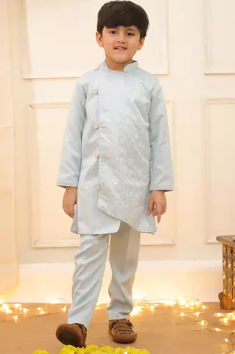Blue embroidered silk blend kurta pyjama set for boy