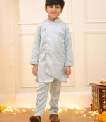 Blue embroidered silk blend kurta pyjama set for boy