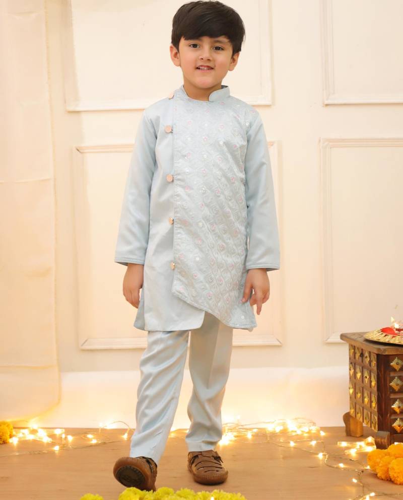 Blue embroidered silk blend kurta pyjama set for boy