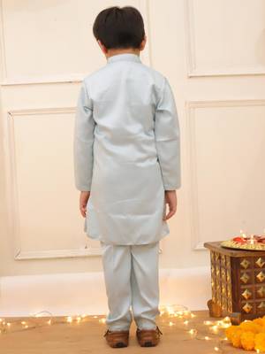 Blue embroidered silk blend kurta pyjama set for boy 2